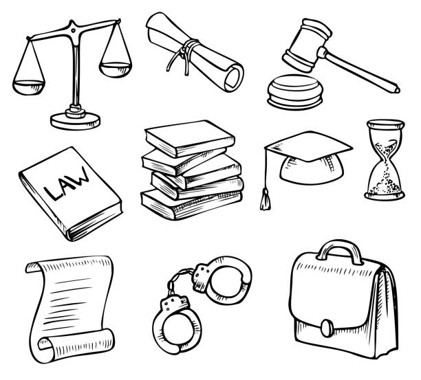 ilustrações, clipart, desenhos animados e ícones de conjunto de doodles da lei desenhada à mão - law weight scale legal system gavel