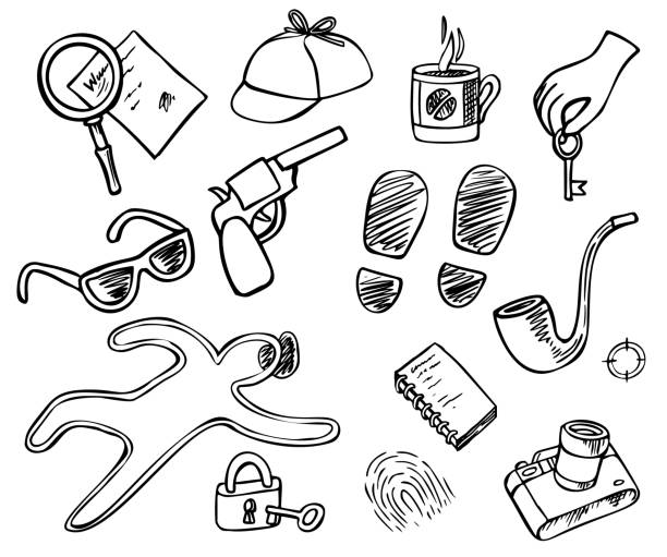 ilustraciones, imágenes clip art, dibujos animados e iconos de stock de detective doodle set - forensic science