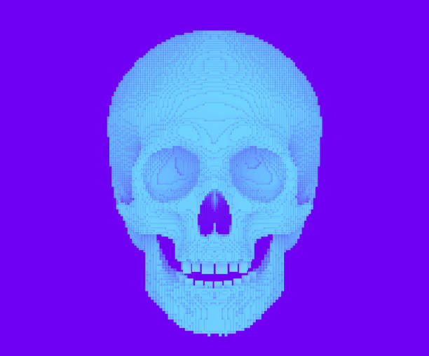 pixilated or blocky skull on violet bakground, 3d render