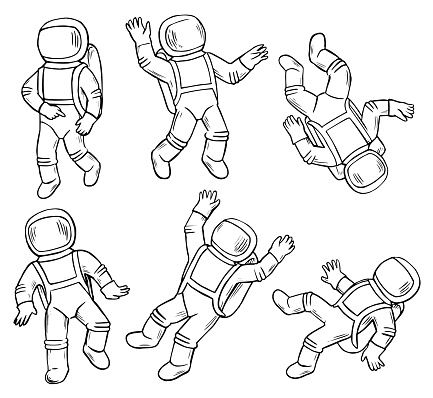 Zero gravity astronaut character doodles set. Vector illustration.