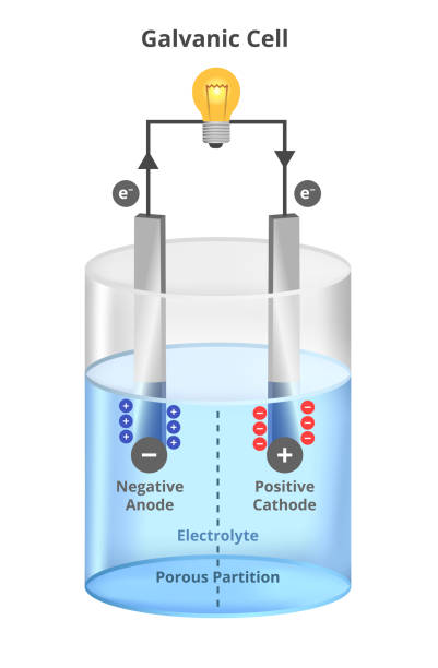 ilustrações de stock, clip art, desenhos animados e ícones de vector scientific illustration of electrolysis process with a bulb. voltaic galvanic cell. negative and positive cathode and anode, anions, and cations separated by porous membrane isolated on a white background. - energia reativa