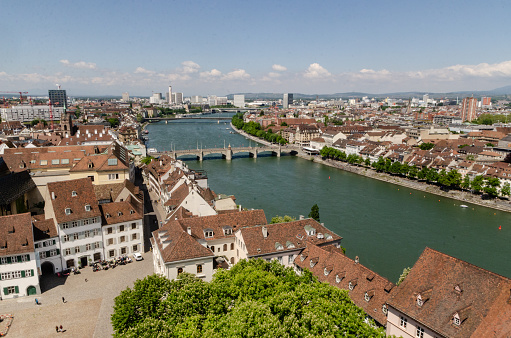 Taken from the main tower of the Basel Münster in the Altstadt. Overlooking the Rhine River on an early summer mid-afternoon.