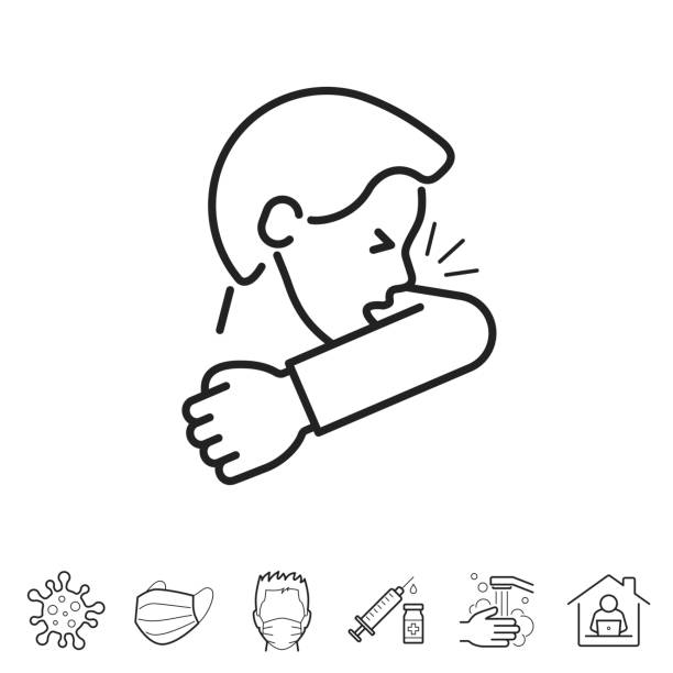 husten oder niesen in den ellenbogen. liniensymbol - bearbeitbarer strich - husten stock-grafiken, -clipart, -cartoons und -symbole