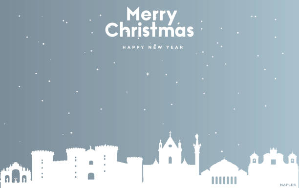 ilustrações de stock, clip art, desenhos animados e ícones de christmas and new year blue greeting card with white cityscape of naples - christmas winter close up table