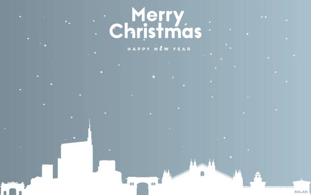 ilustrações de stock, clip art, desenhos animados e ícones de christmas and new year blue greeting card with white cityscape of milan - christmas winter close up table