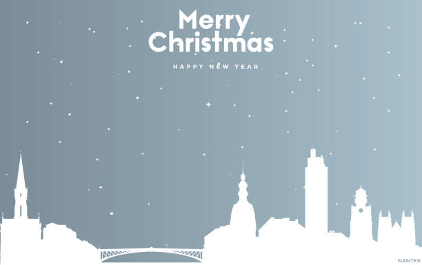 耶誕節和新年藍色賀卡與南特的白色城市景觀 - nantes 幅插畫檔、美工圖案、卡通及圖標