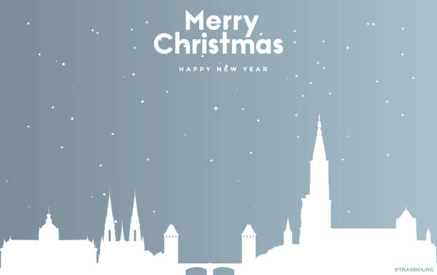 ilustrações de stock, clip art, desenhos animados e ícones de christmas and new year blue greeting card with white cityscape of strasbourg - christmas winter close up table