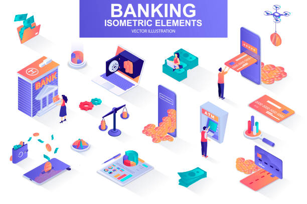 ilustrações de stock, clip art, desenhos animados e ícones de banking services bundle of isometric elements. digital wallet, bank building, credit card, mobile app, atm terminal, payment isolated icons. isometric vector illustration kit - coin bank