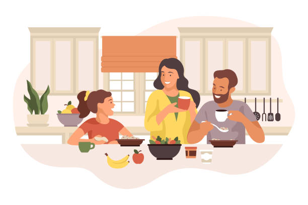 ilustrações de stock, clip art, desenhos animados e ícones de happy family having breakfast in cozy bright modern kitchen. vector flat illustration isolated on white background with parents who spend time with child, talking, laughing and eating healthy meal - breakfast family child healthy eating