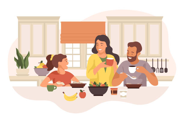 Happy family having breakfast in cozy bright modern kitchen. Vector flat illustration isolated on white background with parents who spend time with child, talking, laughing and eating healthy meal Mom, dad and daughters have breakfast together in their cozy bright kitchen. The daughter tells the story, and the parents laugh. The family eats healthy porridge and fruits in the morning eating breakfast stock illustrations