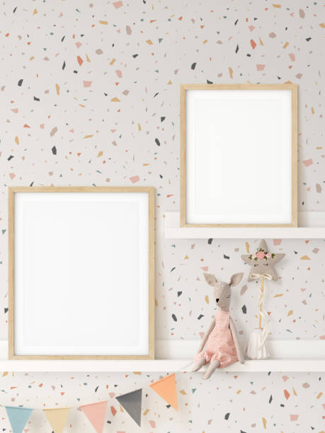 istock Frame mockup in child room interior. Nursery Interior in scandinavian style. 3d rendering, 3d illustration 1290166051