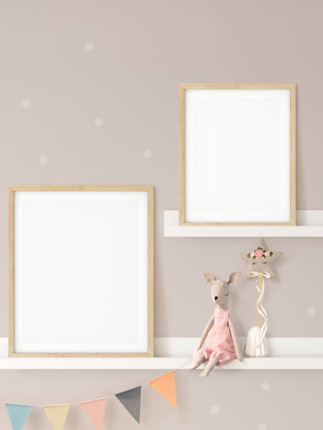 istock Frame mockup in child room interior. Nursery Interior in scandinavian style. 3d rendering, 3d illustration 1290166057