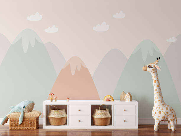 Wall mockup in child room interior. Nursery Interior in scandinavian style. 3d rendering, 3d illustration