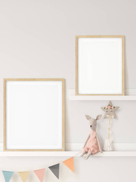 istock Frame mockup in child room interior. Nursery Interior in scandinavian style. 3d rendering, 3d illustration 1290166074