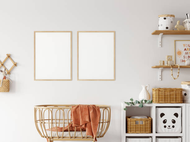 istock Frame mockup in child room interior. Nursery Interior in scandinavian style. 3d rendering, 3d illustration 1290166114