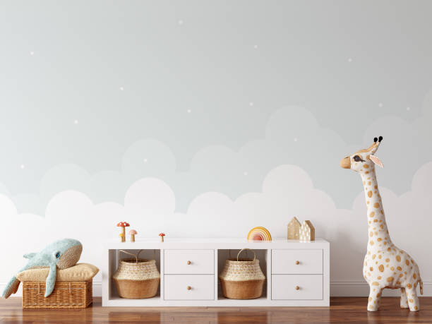 istock Wall mockup in child room interior. Nursery Interior in scandinavian style. 3d rendering, 3d illustration 1290166147