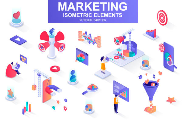 Marketing strategy bundle of isometric elements. Marketing funnel, lead generation, research and strategy planning, megaphone isolated icons. Isometric vector illustration kit Marketing strategy bundle of isometric elements. Marketing funnel, lead generation, research and strategy planning, megaphone isolated icons. Isometric vector illustration kit with people characters. advertising isometric stock illustrations