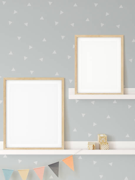 Frame mockup in child room interior. Nursery Interior in scandinavian style. 3d rendering, 3d illustration