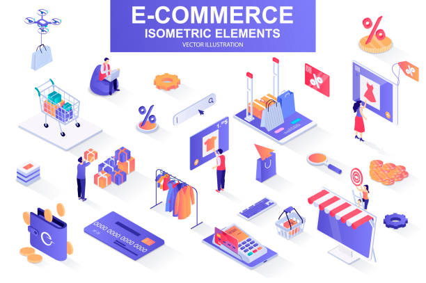 ilustrações de stock, clip art, desenhos animados e ícones de e-commerce bundle of isometric elements. internet marketplace, atm terminal, online shopping, credit card payment, digital wallet isolated icons. isometric vector illustration kit - shopping mall illustrations