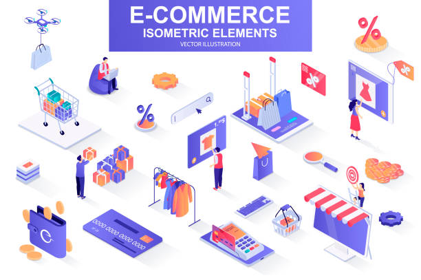 E-commerce bundle of isometric elements. Internet marketplace, atm terminal, online shopping, credit card payment, digital wallet isolated icons. Isometric vector illustration kit E-commerce bundle of isometric elements. Internet marketplace, atm terminal, online shopping, credit card payment, digital wallet isolated icons. Isometric vector illustration with people characters. discount store illustrations stock illustrations