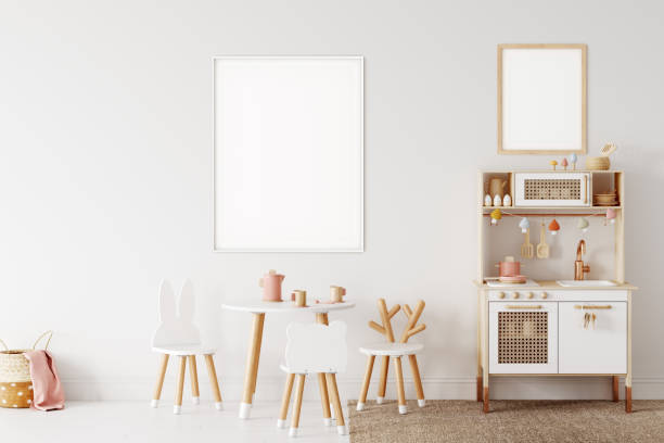 istock Frame mockup in child room interior. Nursery Interior in scandinavian style. 3d rendering, 3d illustration 1290166206