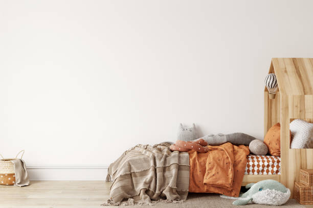 istock Wall mockup in child room interior. Nursery Interior in scandinavian style. 3d rendering, 3d illustration 1290166245