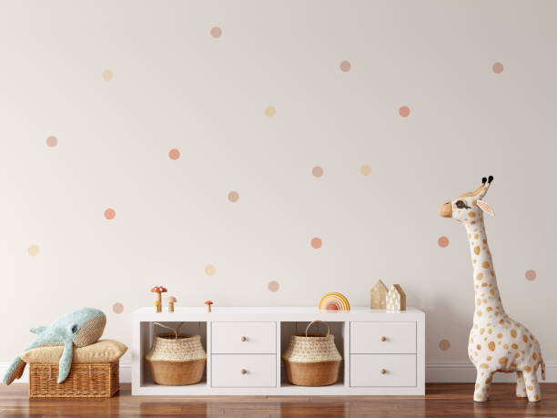 istock Wall mockup in child room interior. Nursery Interior in scandinavian style. 3d rendering, 3d illustration 1290166257