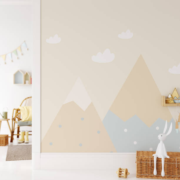 istock Wall mockup in child room interior. Nursery Interior in scandinavian style. 3d rendering, 3d illustration 1290166258