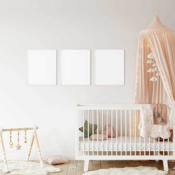 istock Wall mockup in child room interior. Nursery Interior in scandinavian style. 3d rendering, 3d illustration 1290166276