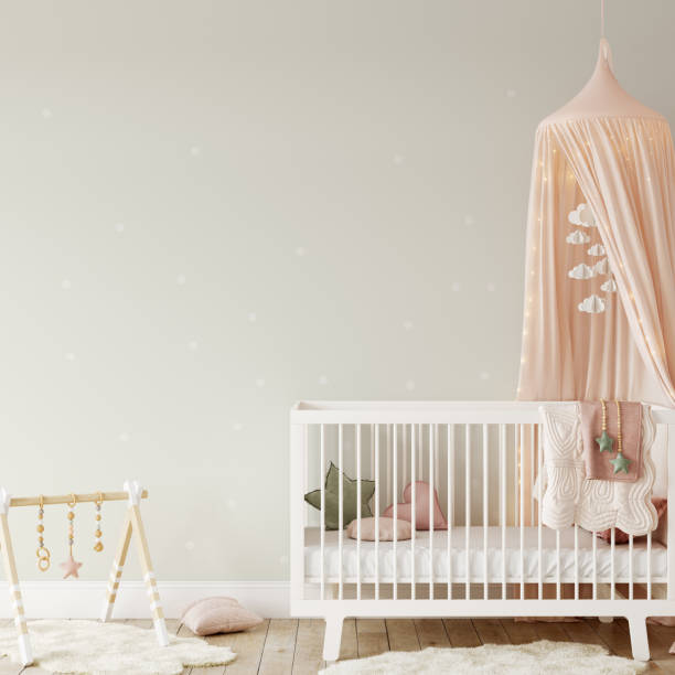 istock Wall mockup in child room interior. Nursery Interior in scandinavian style. 3d rendering, 3d illustration 1290166784