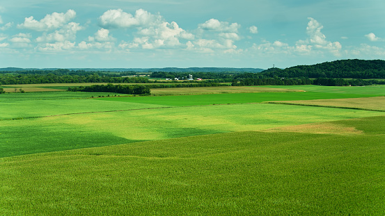 Drone shot of agricultural land in Sauk County, Wisconsin on a summer day.