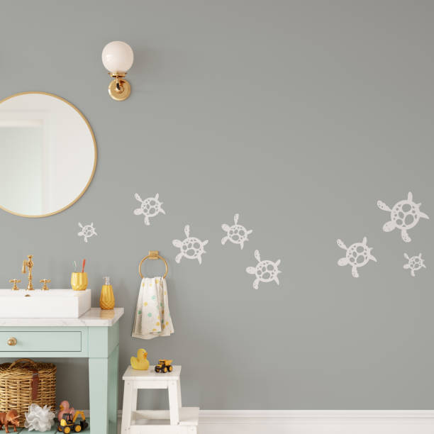Wall mockup in child room interior. Nursery Interior in scandinavian style. 3d rendering, 3d illustration
