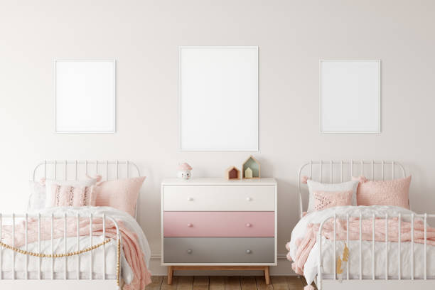 istock Frame mockup in child room interior. Nursery Interior in scandinavian style. 3d rendering, 3d illustration 1290166855