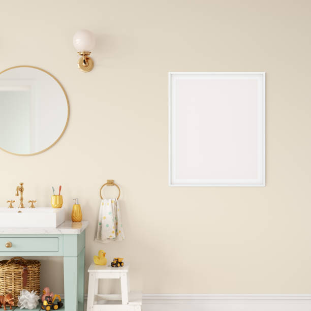 istock Frame mockup in child room interior. Nursery Interior in scandinavian style. 3d rendering, 3d illustration 1290166859