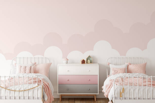 istock Wall mockup in child room interior. Nursery Interior in scandinavian style. 3d rendering, 3d illustration 1290166878