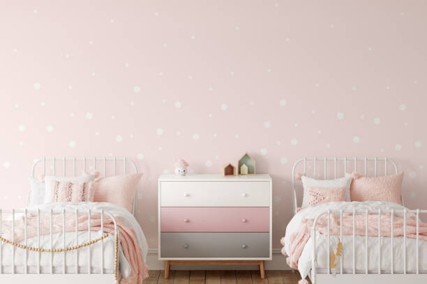 istock Wall mockup in child room interior. Nursery Interior in scandinavian style. 3d rendering, 3d illustration 1290166887