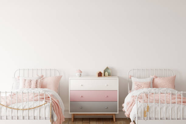 Wall mockup in child room interior. Nursery Interior in scandinavian style. 3d rendering, 3d illustration