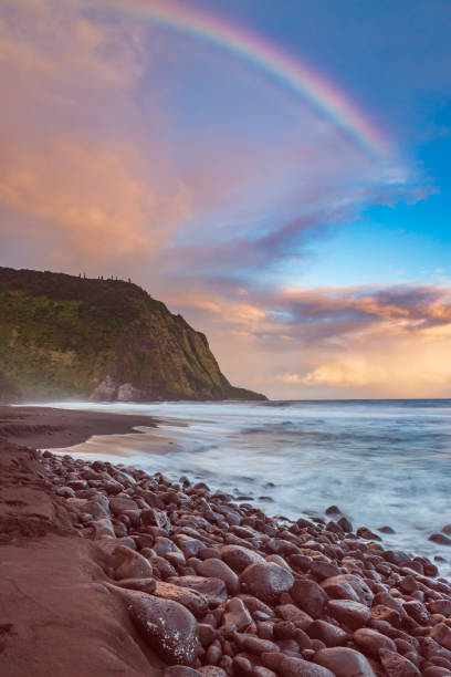 costa del valle de waipio al amanecer con un arco iris - isla grande de hawai islas de hawai fotografías e imágenes de stock