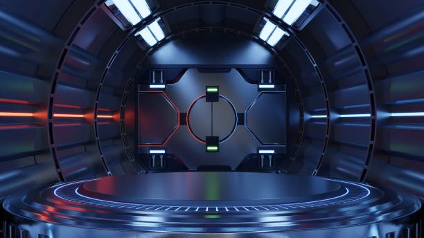 istock Empty light blue studio room futuristic Sci Fi big hall room with lights blue, Future background for design. 1290177553