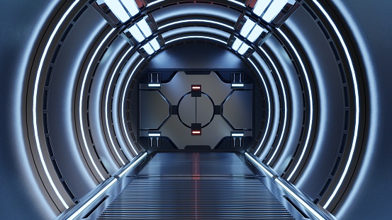 Science background fiction interior rendering sci-fi spaceship corridors blue light,3D rendering