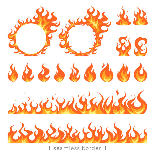 Simple vector flame icons in flat style Flame cartoon set. Vector illustration of a fire isolated on a white background. Icons, frames, borders for designs. flame patterns stock illustrations