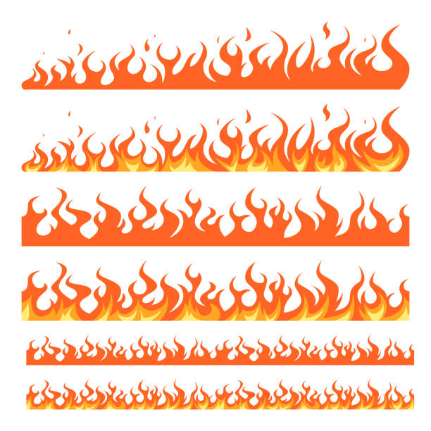 Flame borders in cartoon style, vector set Flame borders set with horizontal seamless fire designs. Vector illustration isolated on a white background in cartoon style. flame silhouettes stock illustrations