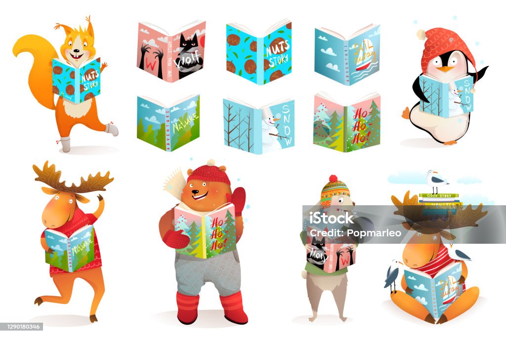 Animals And Books Reading Study Collection Stock Illustration - Download  Image Now - Picture Book, Reading, Animal - iStock
