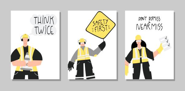 bezpieczeństwo pierwszy przemysłowy ręcznie rysowane plakaty zestaw - near miss” stock illustrations