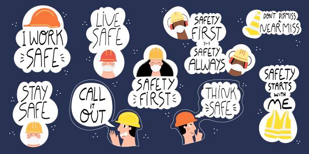 ilustraciones, imágenes clip art, dibujos animados e iconos de stock de seguridad primer conjunto de letras dibujadas a mano industrial - near miss”