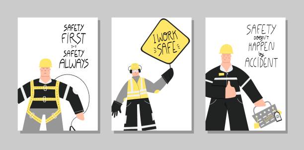 ilustraciones, imágenes clip art, dibujos animados e iconos de stock de seguridad primer conjunto de carteles industriales dibujados a mano - near miss”