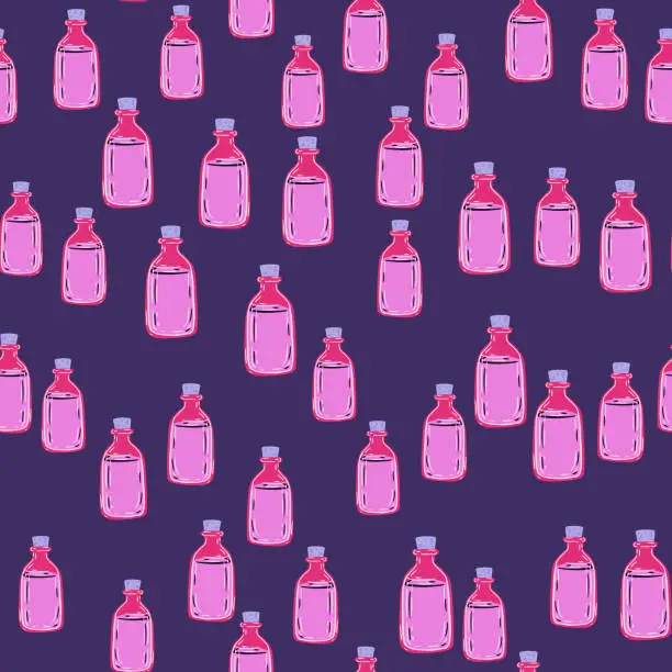 Vector illustration of Random little pink bottle ornament seamless medicine pattern. Purple background. Pharmacy backdrop.
