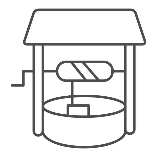 Water well thin line icon, farm garden concept, draw-well sign on white background, well icon in outline style for mobile concept and web design. Vector graphics. Water well thin line icon, farm garden concept, draw-well sign on white background, well icon in outline style for mobile concept and web design. Vector graphics old water well drawing stock illustrations