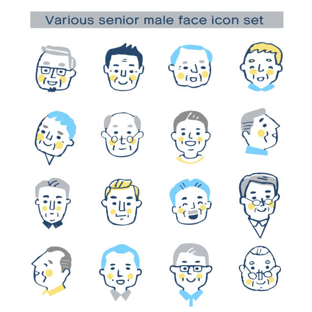 ilustrações, clipart, desenhos animados e ícones de vários conjuntos de ícones de rosto masculino sênior - happy sad face man