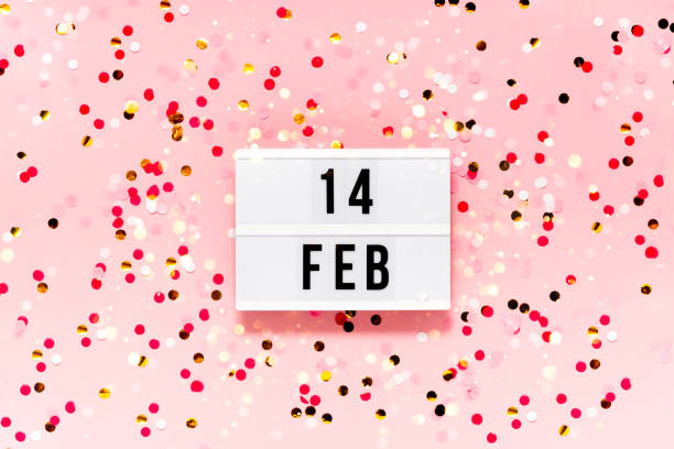 saint valentine's day  festive background. bokeh lights and confetti february 14 . top horizontal view copyspace. - white personal organizer calendar speech imagens e fotografias de stock